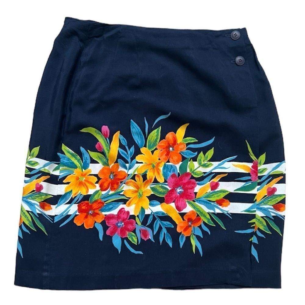 Tofy Vintage Floral Button Side Wrap Skirt Navy White Stripes  Tropical Flowers